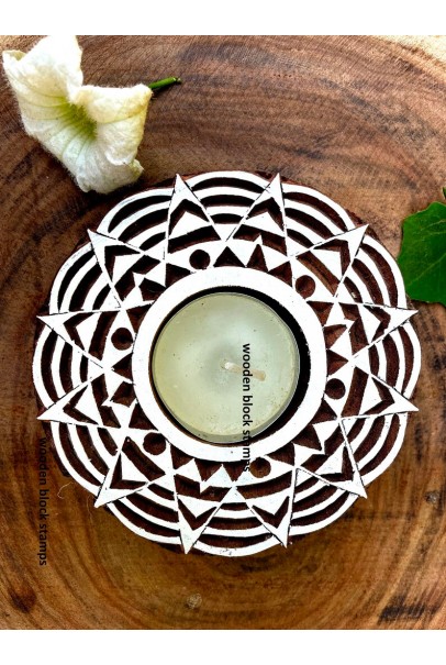 Round tea light candle holder with printing on fabric, clay, tattoo, pottery, henna and cookies